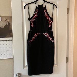 Bisou Bisou Strappy Embroidered Black Dress sz 2 - pockets! Peekaboo cutouts!